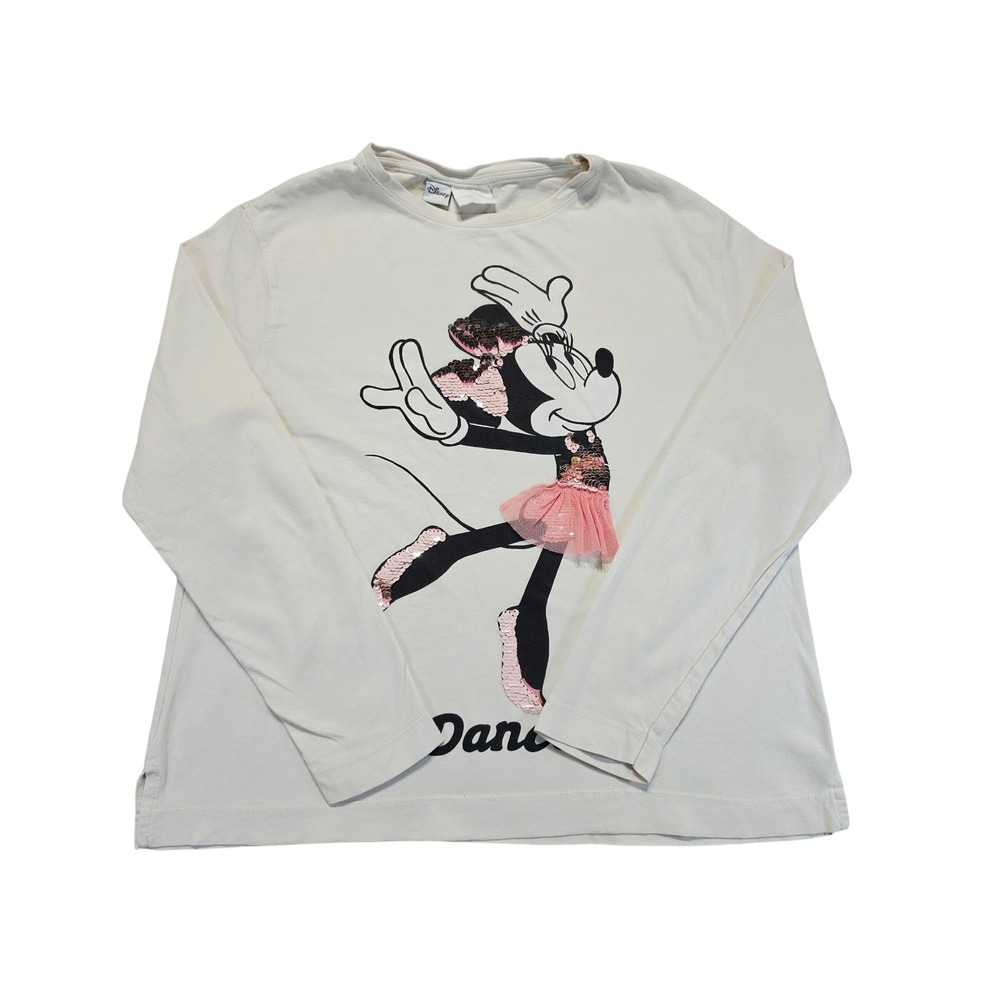 Disney Minnie Mouse Girls Long Sleeve Sequin Tutu Dance Graphic Tee Cream 10/140